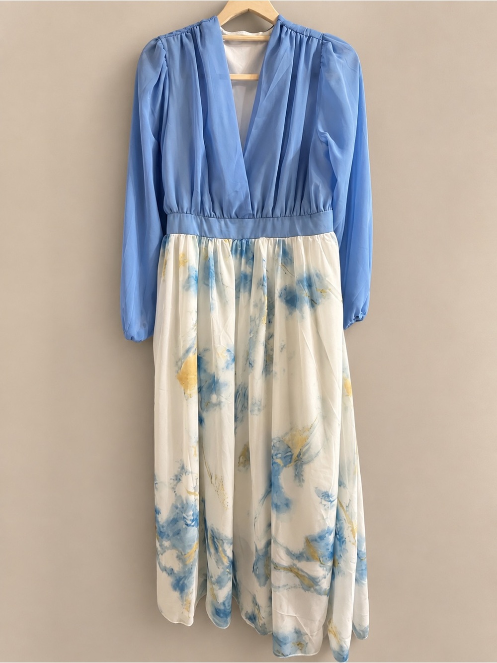 Sky Blue & White Watercolor Deep V-Neck Maxi Dress